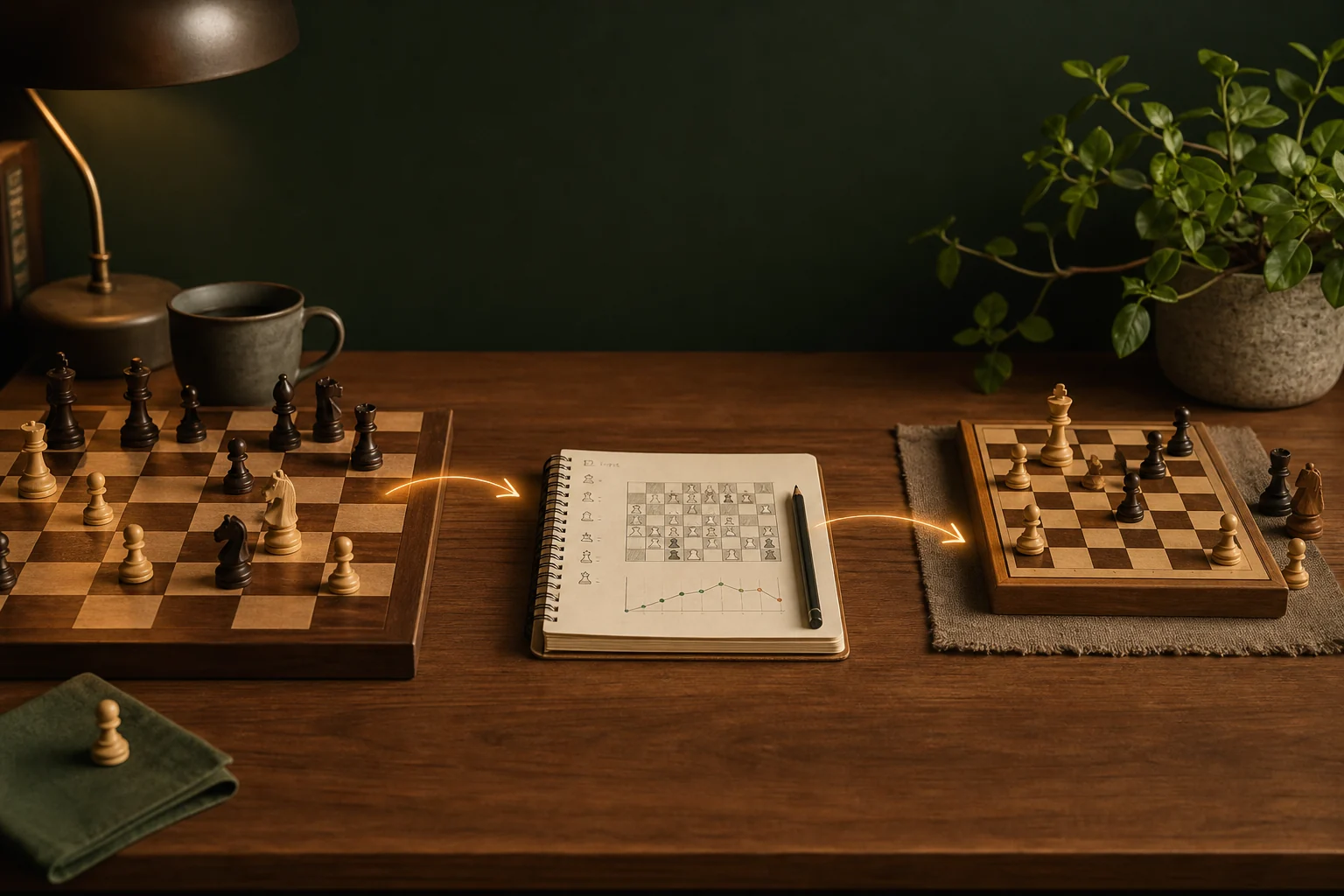 A chessboard, review notebook, and practice board connected as a learning path