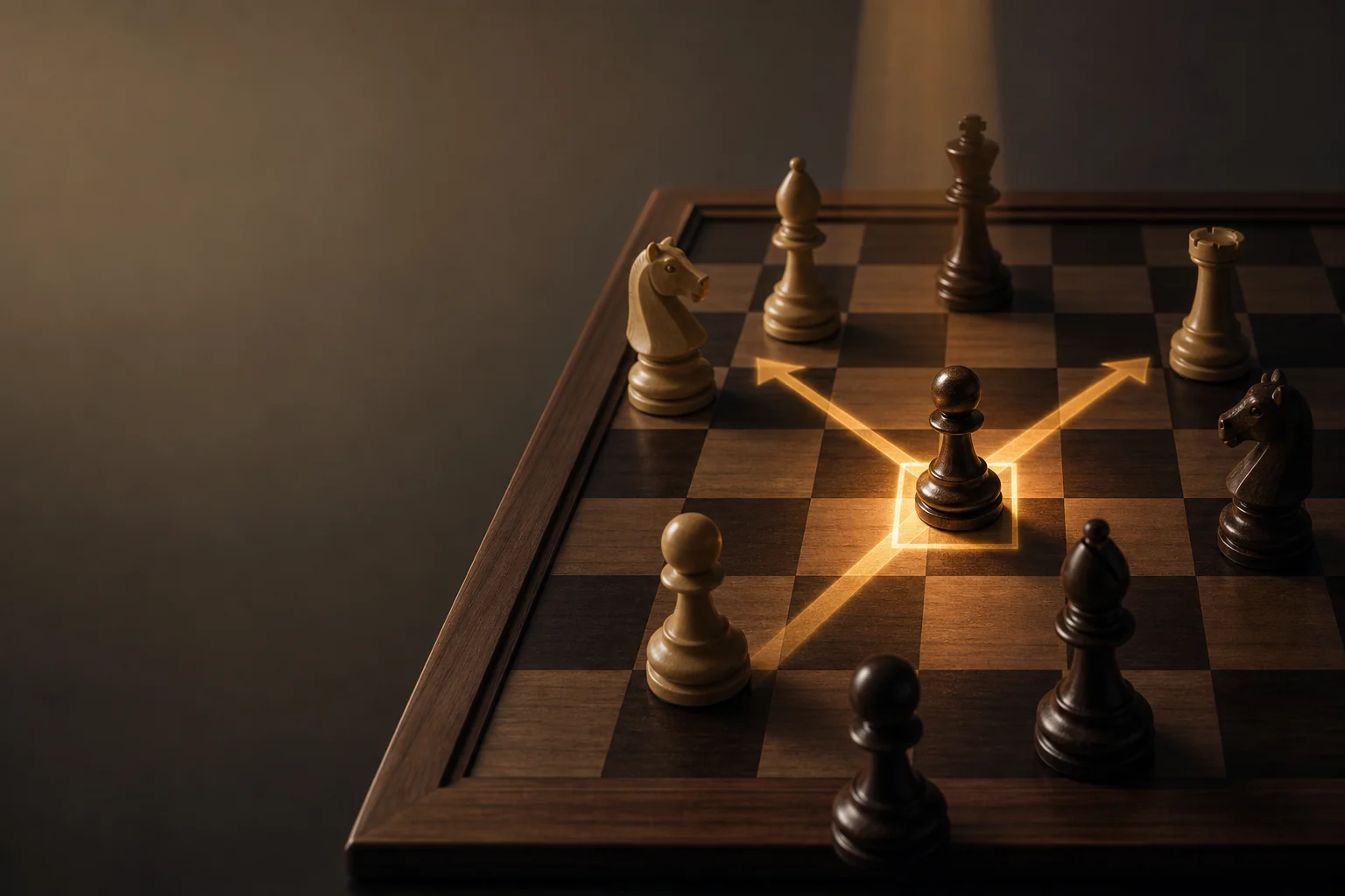A chessboard with one decision square highlighted and several possible paths